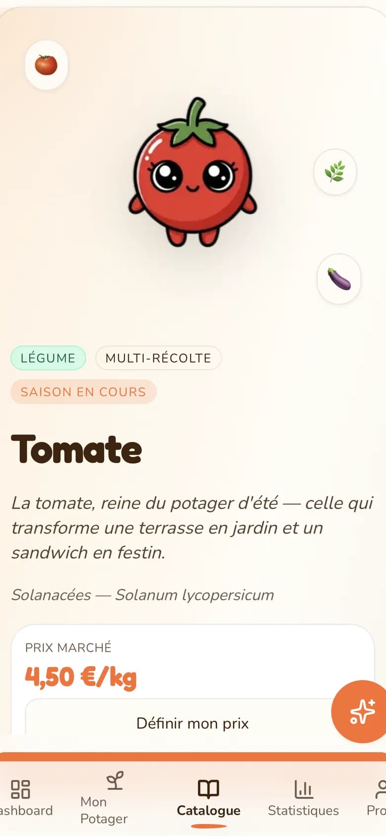 Aperçu de la fiche Tomate du catalogue Potagia sur iPhone : illustration chibi, badges Légume / Multi-récolte / Saison en cours, et prix marché 4,50 €/kg.